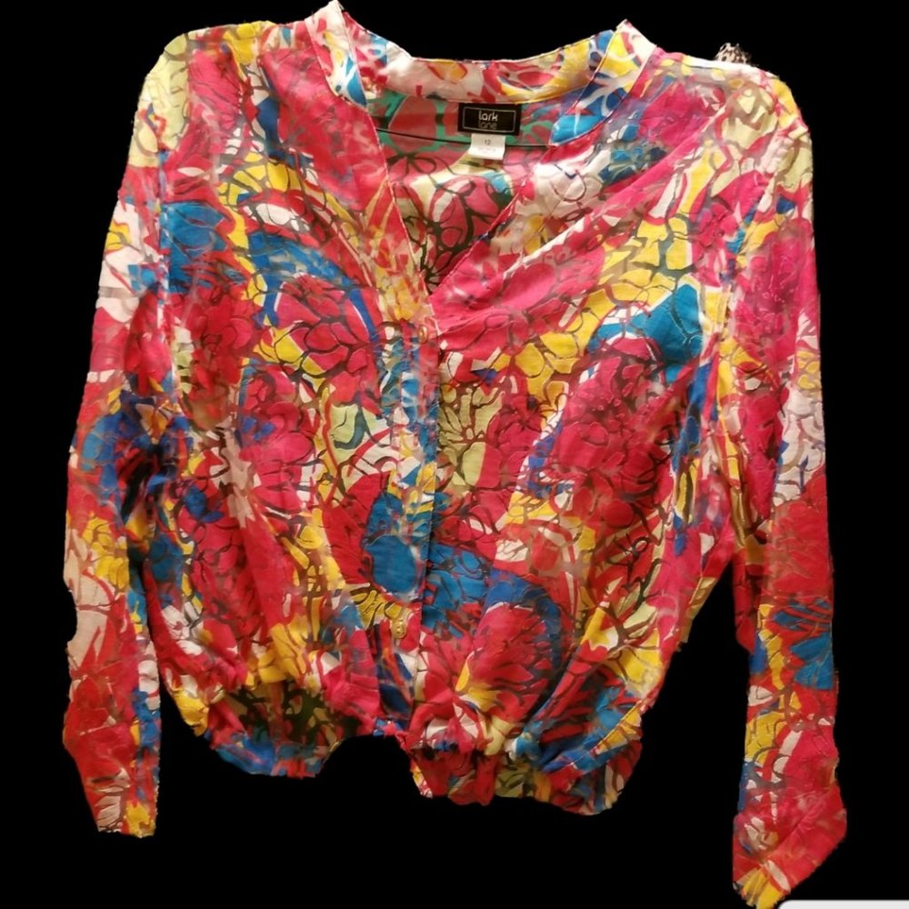 Lark Lane Women’s Sheer Vibrant Color Mixed LS Blouse